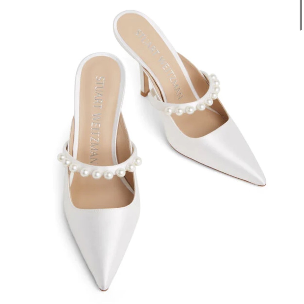 Stuart Weitzman Goldie 100 White Satin Pearl Mule Wedding Heel